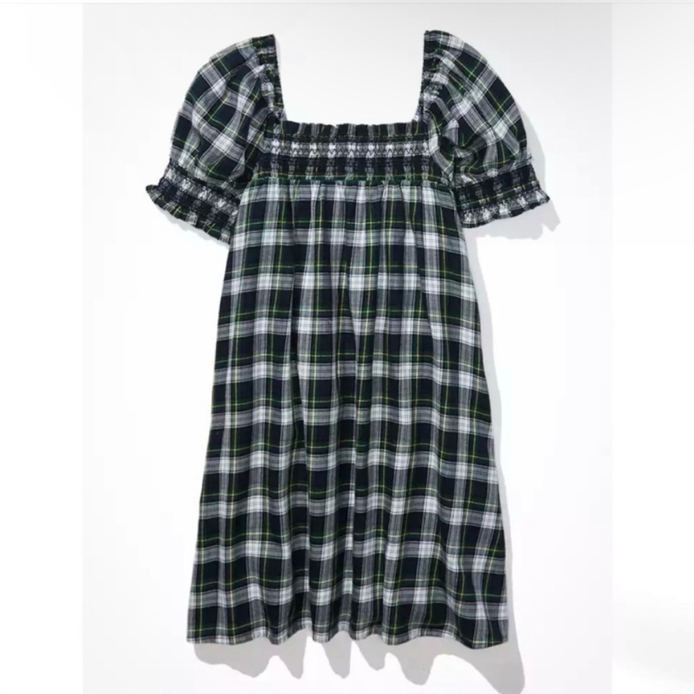 AE Plaid Smocked Puff-Sleeve Babydoll Dress